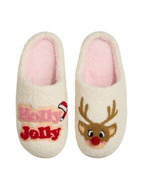 2/$30 Holly Jolly Reindeer Size 8-9 Fuzzy Christmas Slippers
